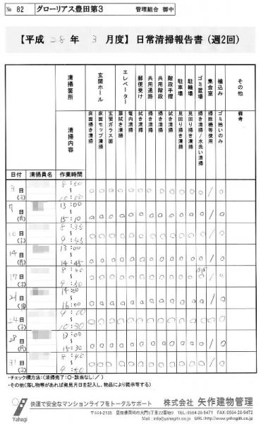 グローリアス豊田第３　日常清掃実施状況(2016年3月度／矢作建物管理)