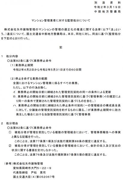 グローリアス豊田第３　管理会社に対する業務停止命令(2020年3月19日／中部地方整備局)